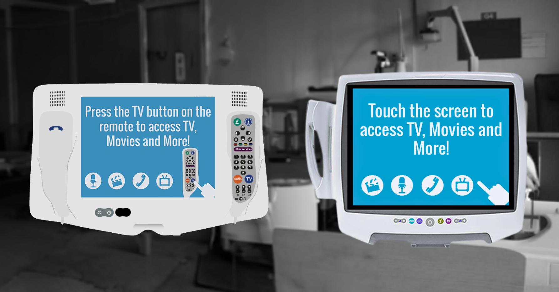 Hospedia TV Bedside Unit Idle screen of T2 and T3.png